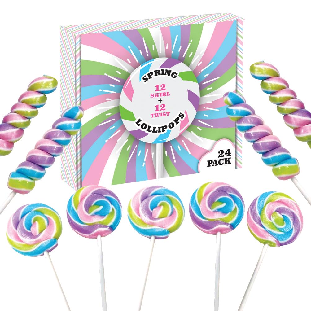 Easter Candy Lollipops - 24 Individually Wrapped Swirl & Twisty Lollipops (18g & 12g) - Perfect for Easter Baskets, Egg Hunts, Candy Buffets & Party Favors - Spring Holiday Treats for Kids & Adults