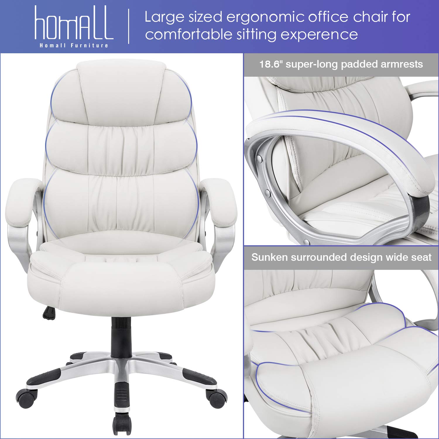 Homall High Back Office Chair - Ergonomic PU Leather Executive Desk Chair with Adjustable Height, Swivel Base, Padded Armrests & Lumbar Support for Home & Office Workspace (White) - Perfect for Long Hours Computer Work, Gaming & Conference Rooms