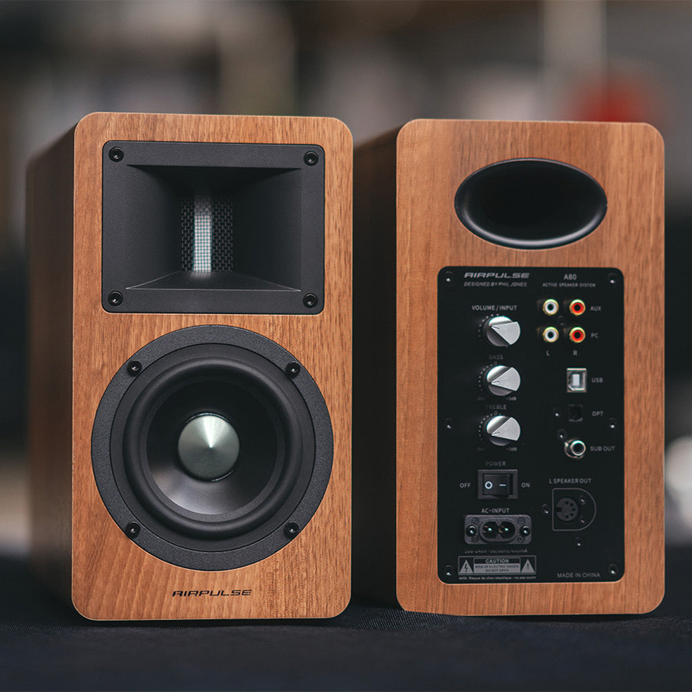 Airpulse A80 Active Bookshelf Speakers - Premium Wooden Bluetooth Speaker System with HiFi Sound (Walnut Finish) - Perfect for Home Audio, Studio Monitoring & Desktop Setup