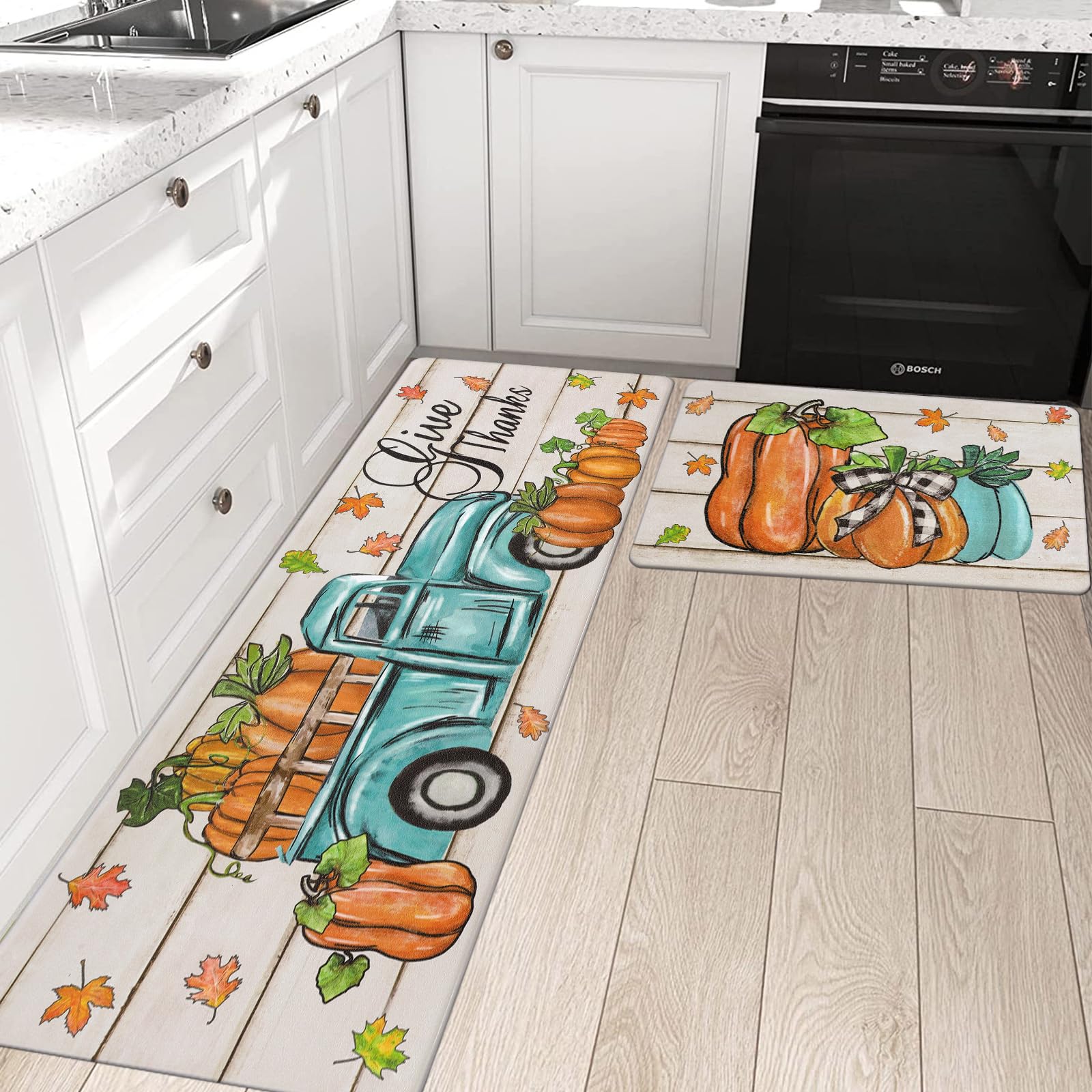 Pauwer Fall Kitchen Rugs Set of 2 - Non-Slip Anti-Fatigue Cushioned Floor Mats with Pumpkin Truck Design, Farmhouse Style Kitchen Runner Rug for Fall Harvest & Thanksgiving Decor - Perfect for Cozy Farmhouse Kitchens, Entryways, and Seasonal Home Decor