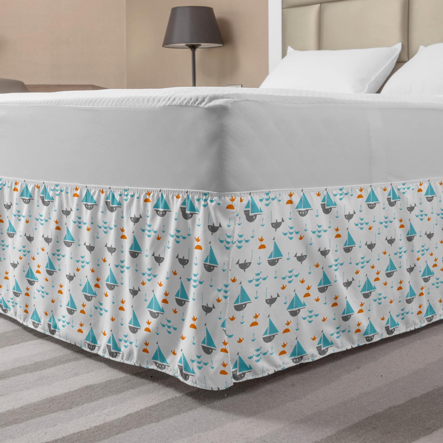 Ambesonne Orange Blue Bed Skirt with Sailboats Seagulls & Fishes Pattern - King Size Wrap Around Elastic Gathered Bedskirt for Coastal Bedroom Decor | Perfect for Nautical Theme Guest Rooms & Beach House Styling