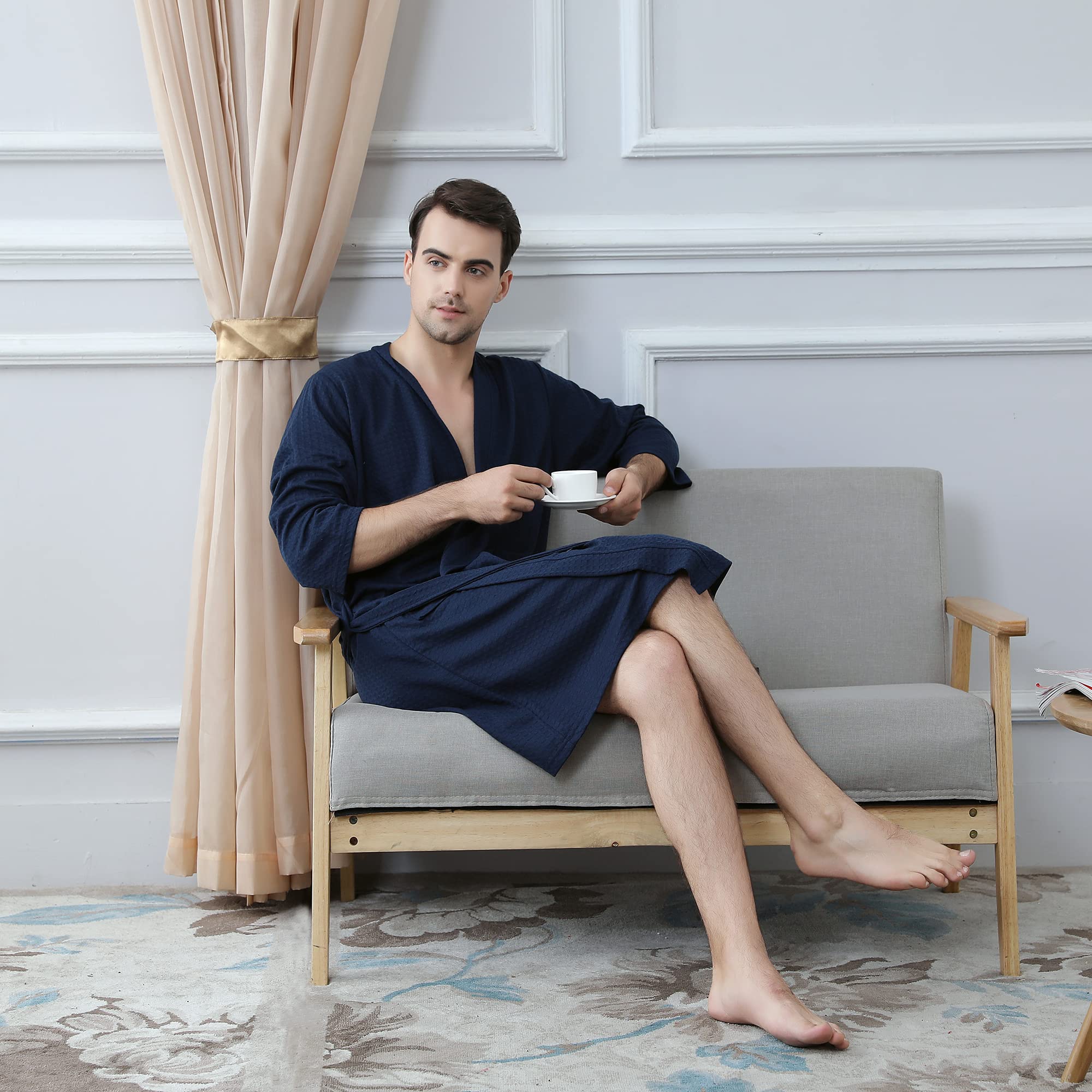 Men's Lightweight Waffle Kimono Bathrobe - Knee Length Spa Robe for Shower, Lounge & Relaxation at Home