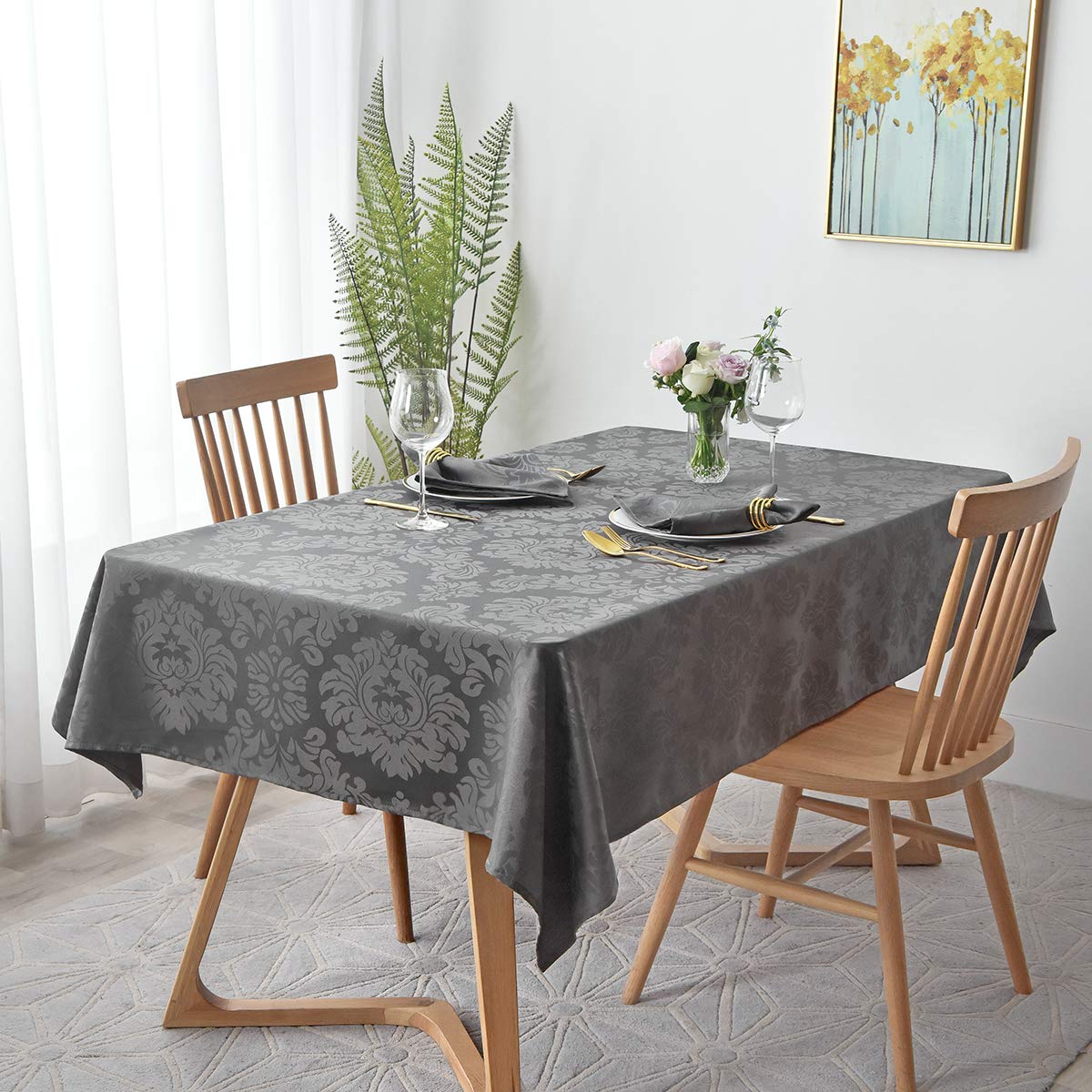 Premium Jacquard Tablecloth - Spillproof & Wrinkle Resistant Heavyweight Damask Pattern Table Cover for Kitchen, Dining, Restaurant - 52x70 Inch Charcoal Gray - Perfect for Indoor Dinner Parties & Outdoor Picnics