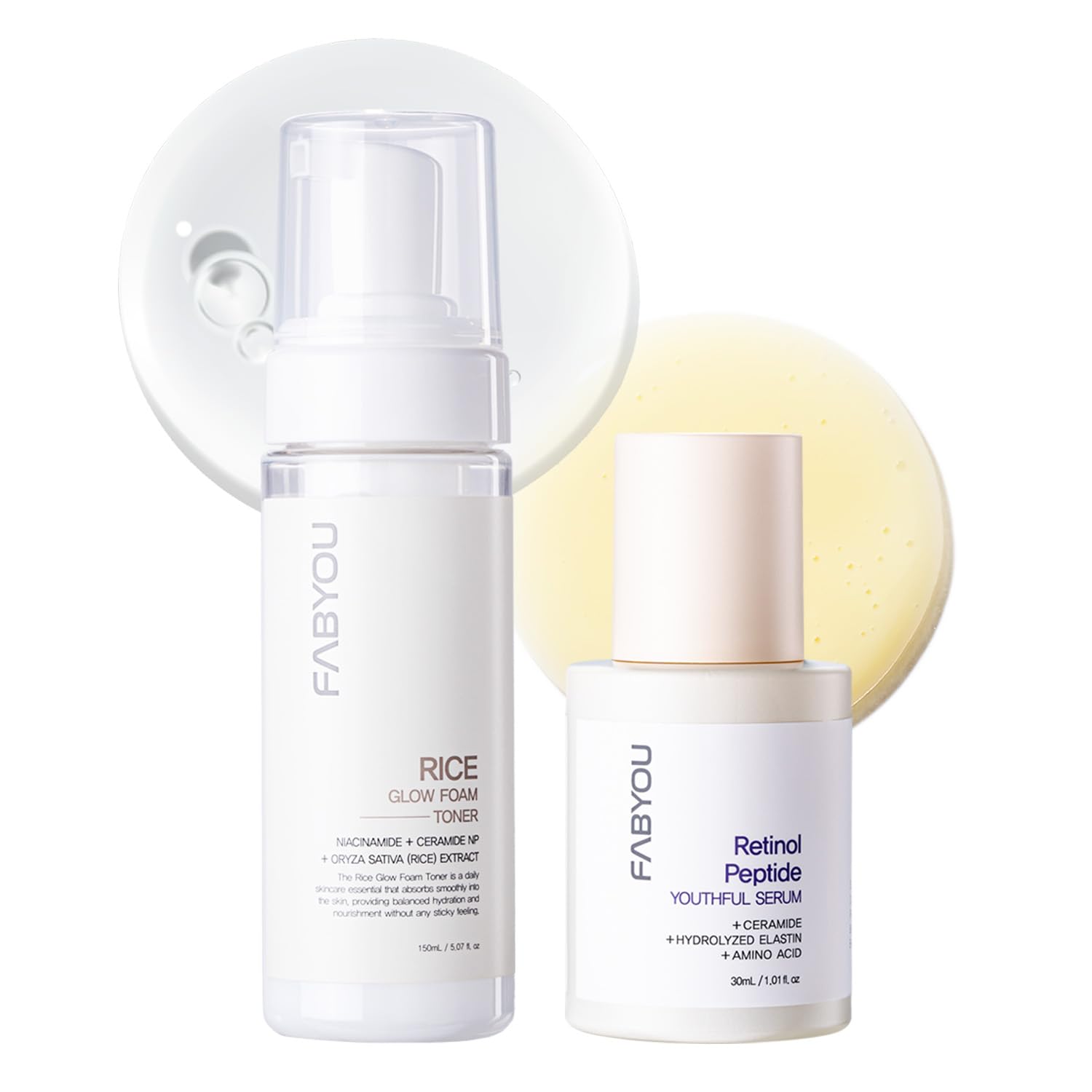 Fabyou Glass Skin Duo Set - Rice Glow Foam Toner & Retinol Peptide Youthful Serum | Korean Skincare for Gentle Facial Care | Hydrating & Anti-Aging After-Cleansing Routine | Perfect for Daily Glow & Nighttime Repair