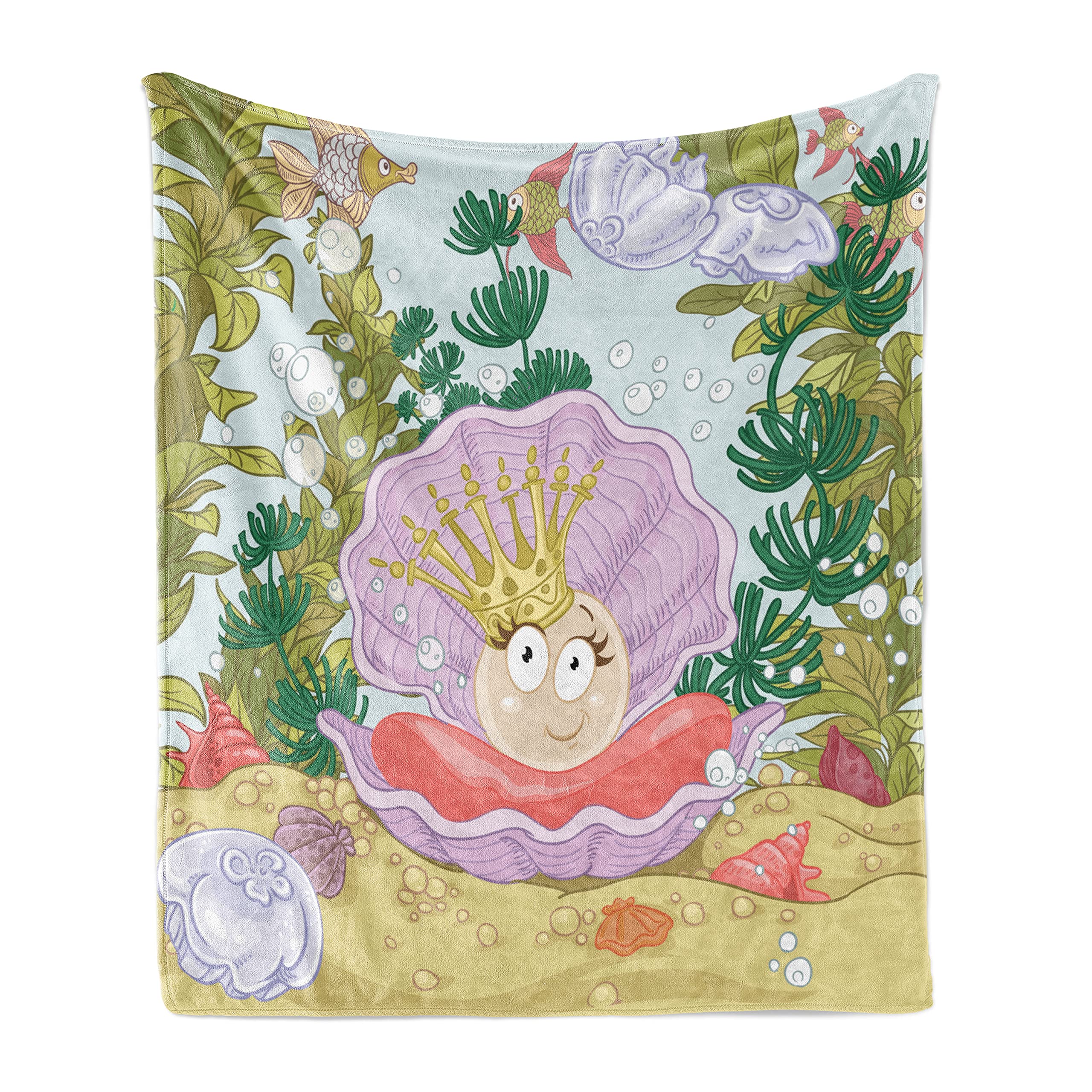 Ambesonne Pearls Throw Blanket - Cartoon Pearl in Clam Crown Tiara Reef Print - Soft Flannel Fleece Couch Cover for Adults (50