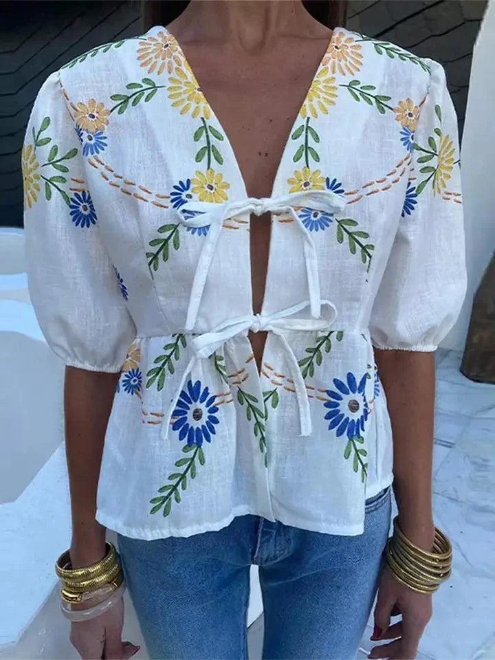 Women's Fashion Print Bow Lace-Up Blouse - Loose V-Neck Short Puff Sleeve Top for Spring & Summer | Casual Floral Shirt for Ladies | Perfect for Office Wear, Date Nights & Weekend Outings