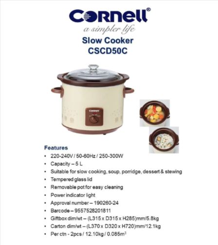 Cornell CSC D50C 5.0L Slow Cooker - Digital Programmable Crock Pot with 3 Heat Settings for Soups, Stews & Family Meals - Perfect for Home Cooking & Entertaining