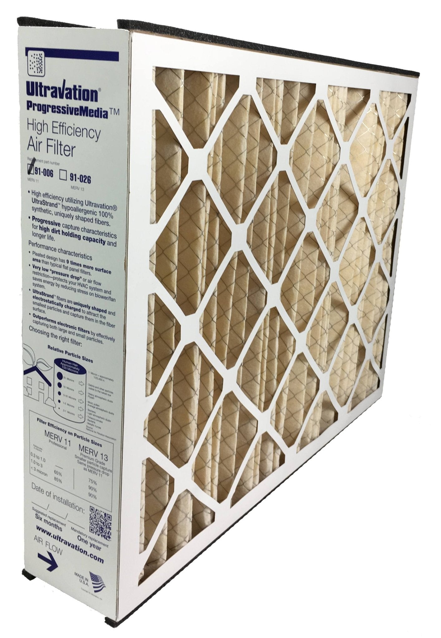 Ultravation 91 006 20x25x5 MERV 11 Air Filter - High Efficiency Furnace AC Replacement Filter (1 Pack) - Perfect for Home HVAC Systems & Allergy Relief