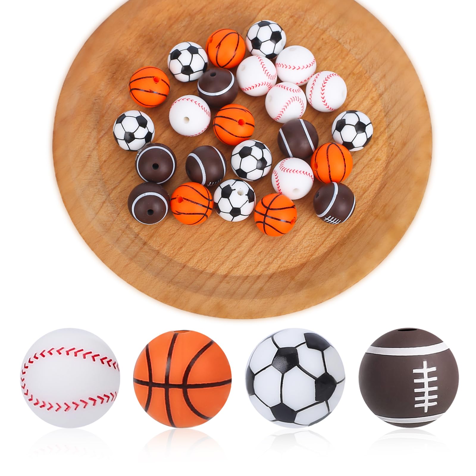 15mm Silicone Sports Beads - 24pcs Multicolor for DIY Jewelry & Keychains - Football Basketball Baseball Crafts