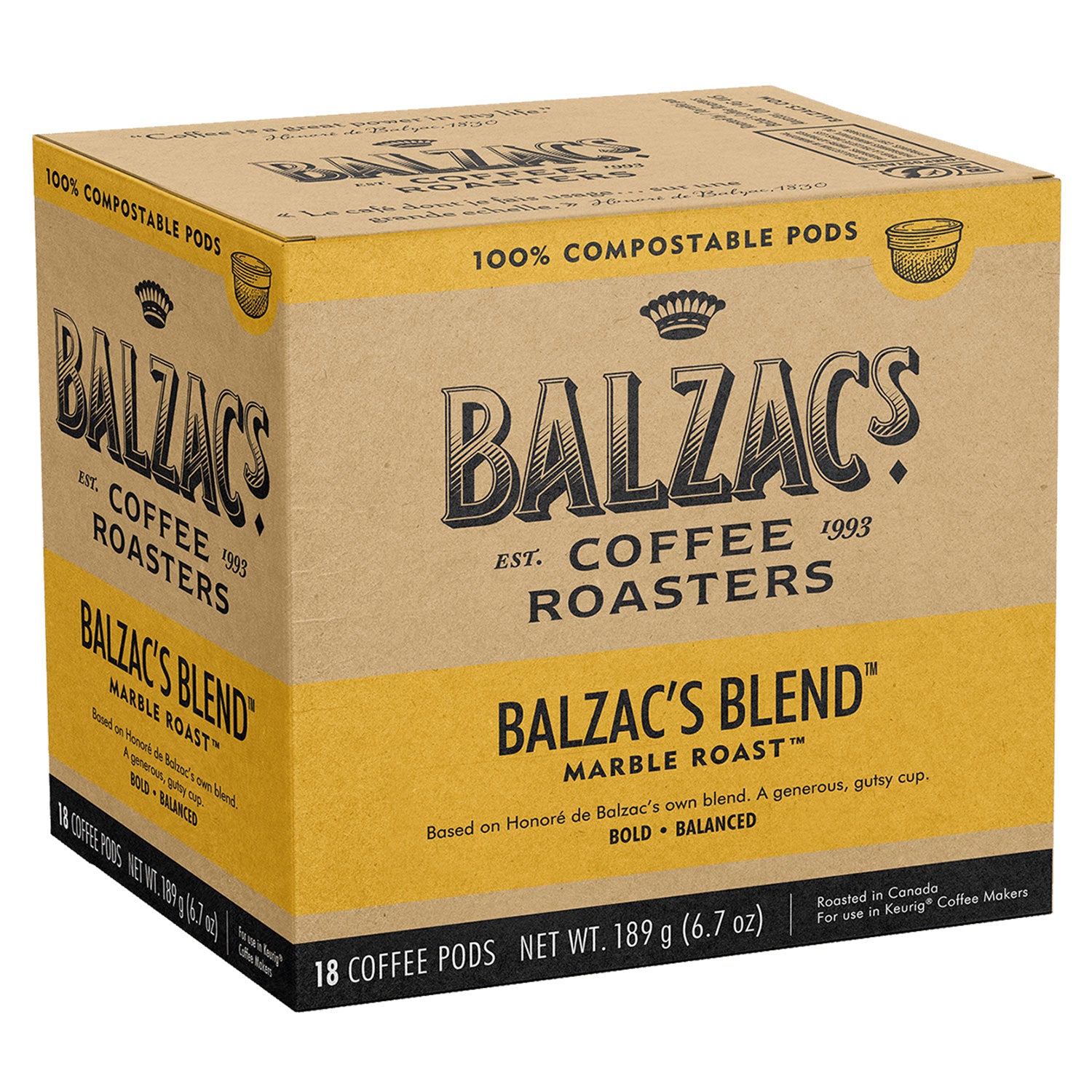 Balzac's Blend 100% Compostable Coffee Pods - 18 Count Biodegradable Single Serve Capsules for Keurig & Nespresso Machines | Perfect for Home, Office & Eco-Friendly Coffee Lovers