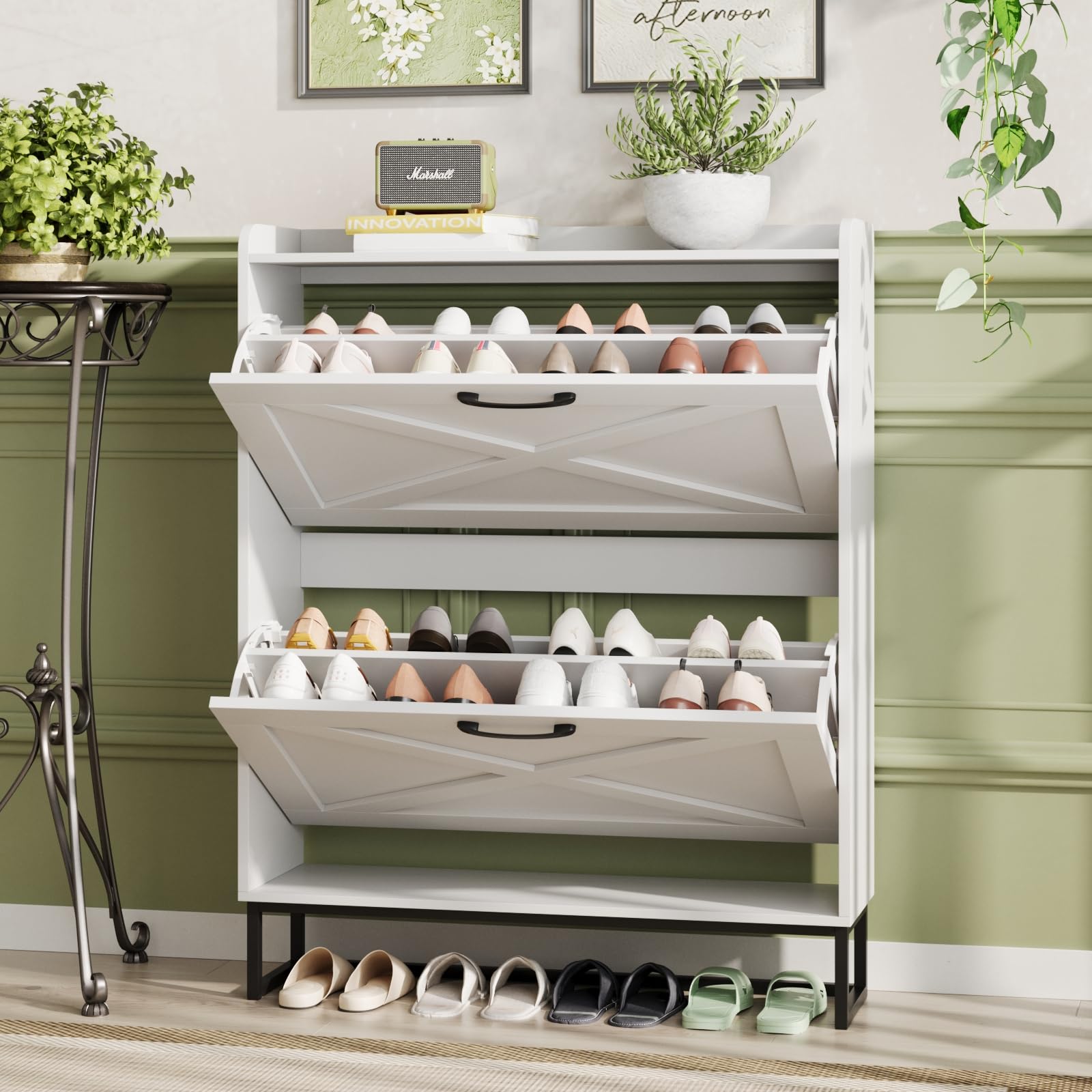 Maupvit 2-Tier Flip-Drawer Shoe Storage Cabinet with Metal Legs - Freestanding Entryway Shoe Organizer, Narrow Shoe Rack for Hallway, Living Room & Bedroom (White) - Perfect for Small Spaces & Apartment Entryways