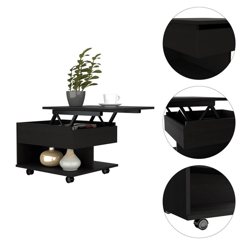 TUHOME Luanda Lift Top Coffee Table - Black Engineered Wood Lift-Top Coffee Table with Storage for Living Room, Office, or Small Spaces