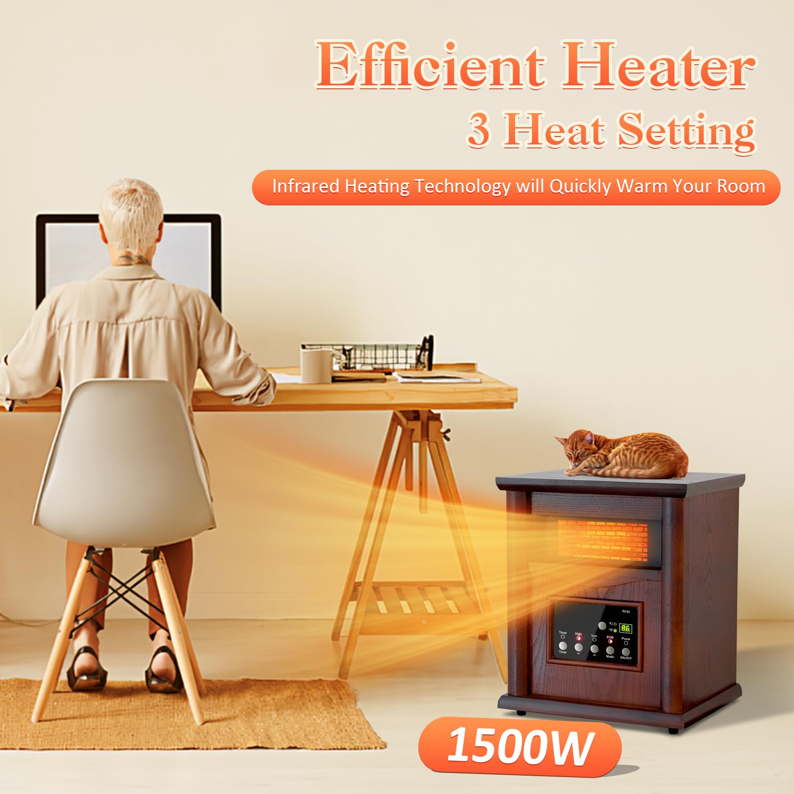 Lifeplus 1500W Electric Infrared Space Heater with Remote Control - 3 Heat Settings & 12H Timer, Overheat & Tip-Over Protection - Fast Heating for Large Rooms, Basements, Offices & Bedrooms - Energy Efficient Indoor Quartz Heater for Winter & Cold Weather Use