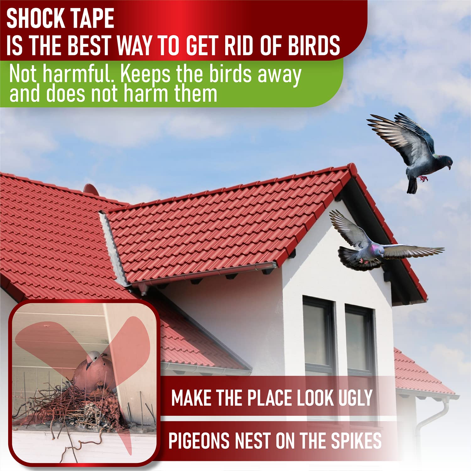 Pigeon & Bird Control Kit - Effective Bird Deterrent for Rooftops, Patios, Windowsills & Fences - Shock Tape & Electronic Charger Set - Humane Alternative to Bird Spikes - Perfect for Home, Garden & Commercial Use