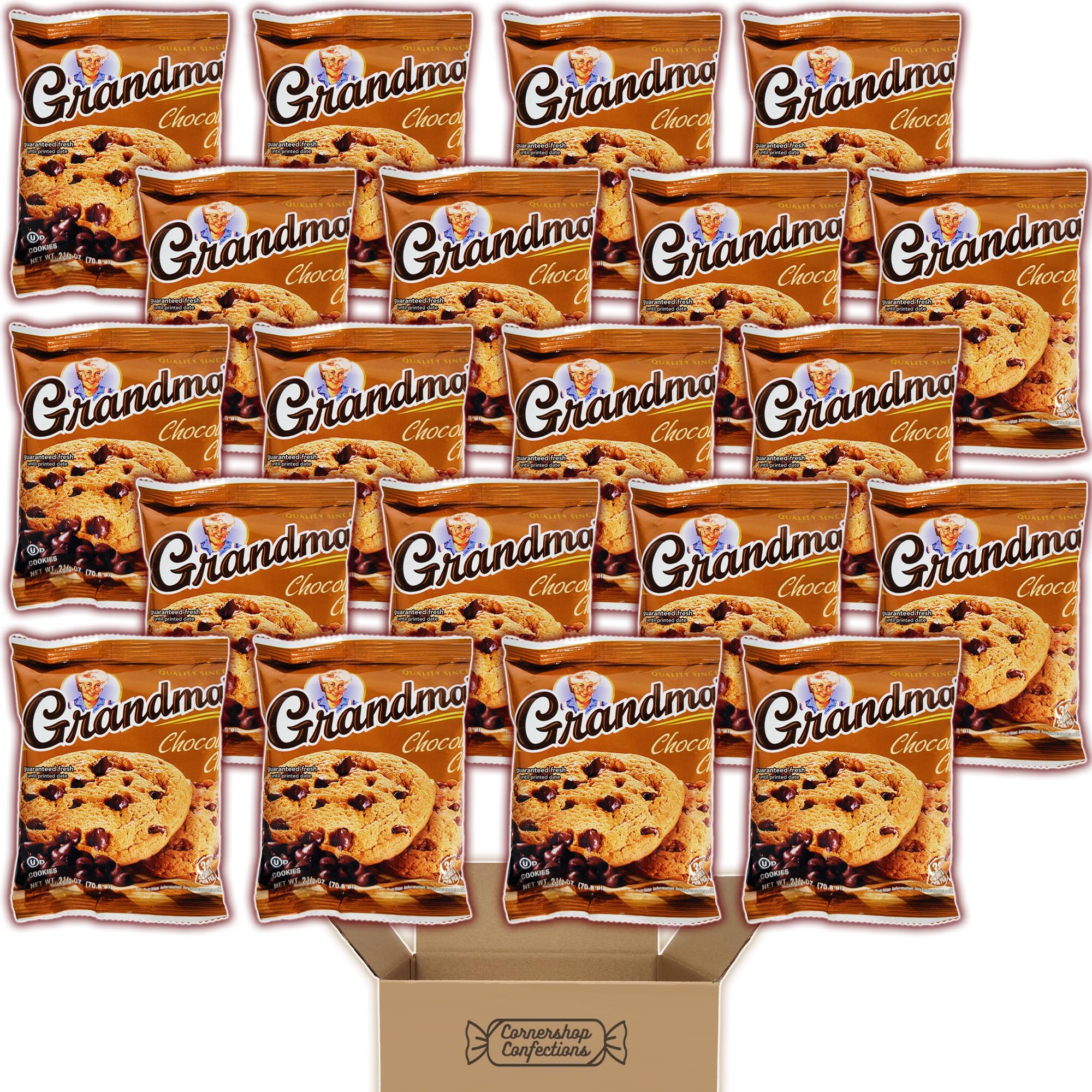 Grandma's Chocolate Chip Cookies Bulk Pack - 20 Individually Wrapped 2.5oz Bags (2 Large Cookies Each) - Perfect for Birthdays, Lunch Boxes, Office Snacks & Road Trips - Delicious Homemade-Style Cookies for Gifts, Parties & Family Gatherings - Cornershop Confections