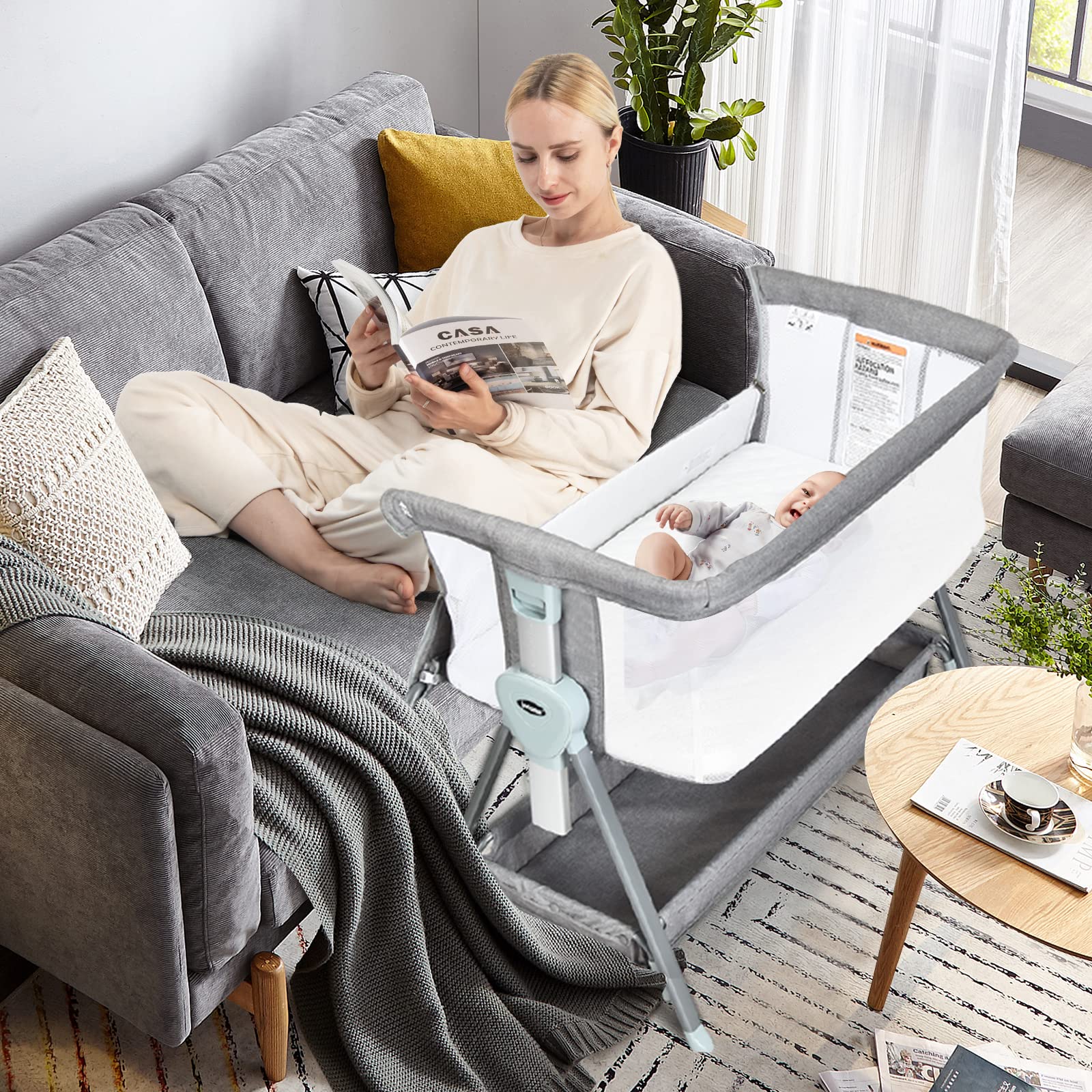 INFANS Baby Bassinet Bedside Crib - Adjustable Newborn Sleeper with Large Storage Basket, Breathable Mesh & Washable Mattress - Portable Bedside Crib for Nursery, Bedroom & Travel (Dark Grey)