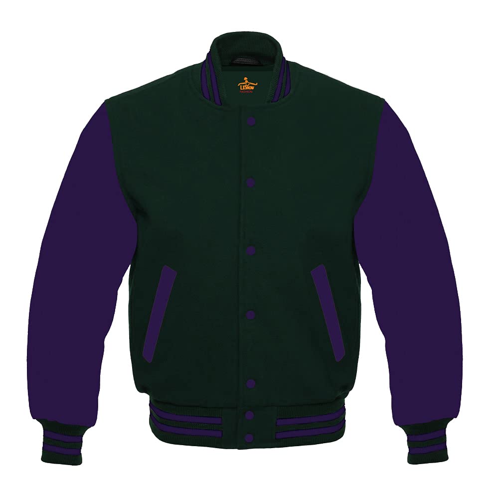 Varsity Baseball Letterman Jacket for Men - All Wool Bomber Style with Purple Sleeves | High School Sports, Casual Wear & Vintage Fashion Outfit