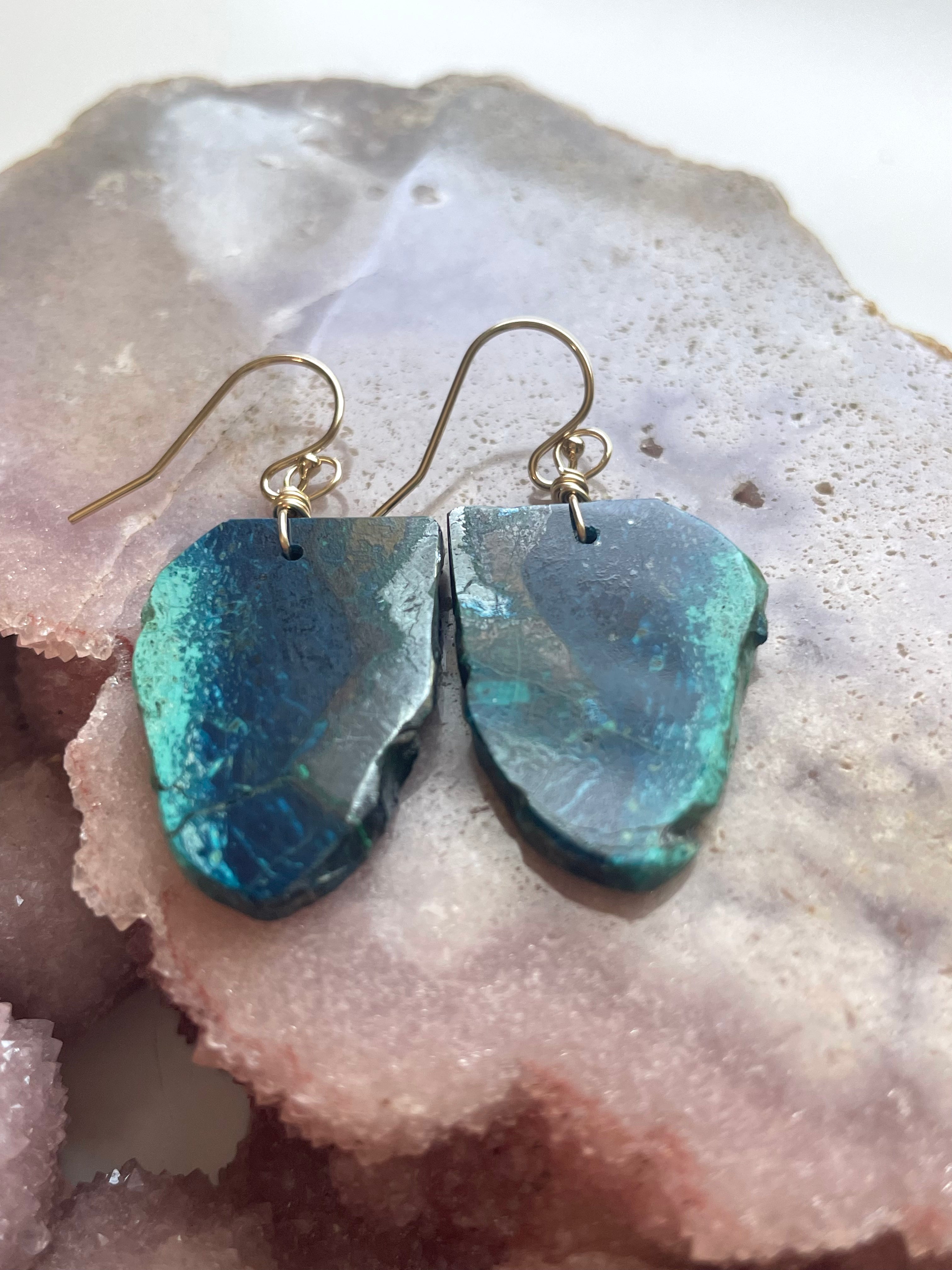Chrysocolla Gold Filled Statement Crystal Gemstone Earrings for Women - Elegant Dangle Drop Earrings for Party, Wedding & Special Occasions