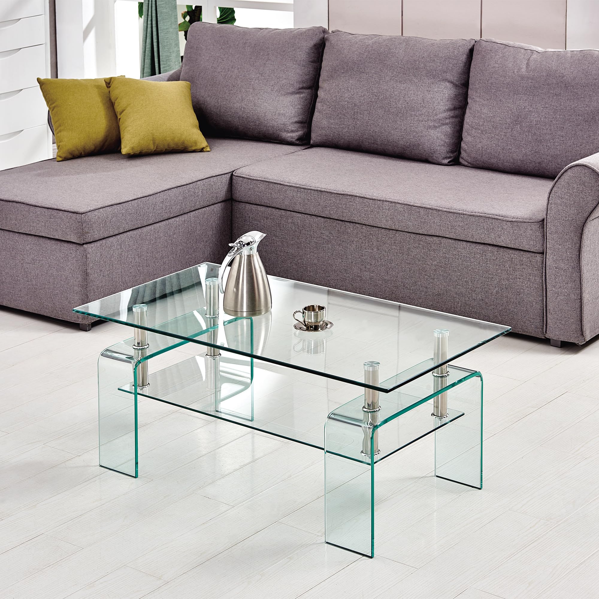 Modern Clear Glass Coffee Table with Storage Shelf - Rectangle Living Room Side Table for Small Spaces, Easy to Clean - Perfect for Home Decor, Apartment Furniture & Office Waiting Areas