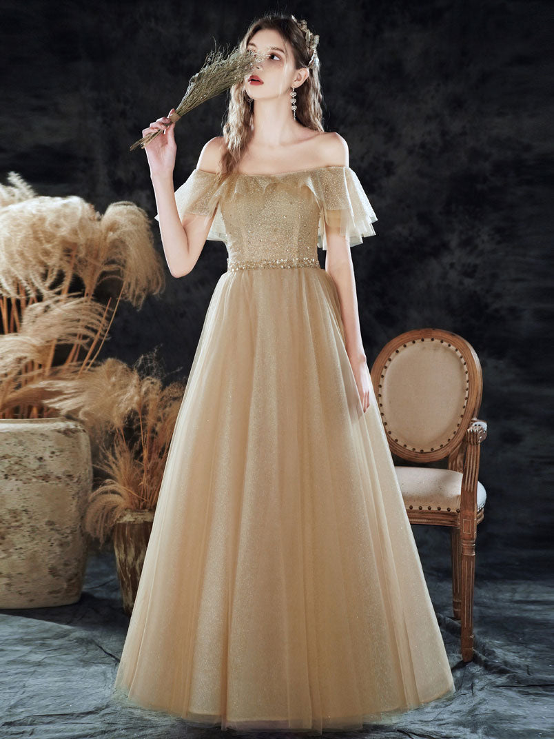 Elegant Champagne Sequin Tulle Long Prom Dress - A-Line Evening Gown for Formal Events, Homecoming, Wedding Guest & Special Occasions