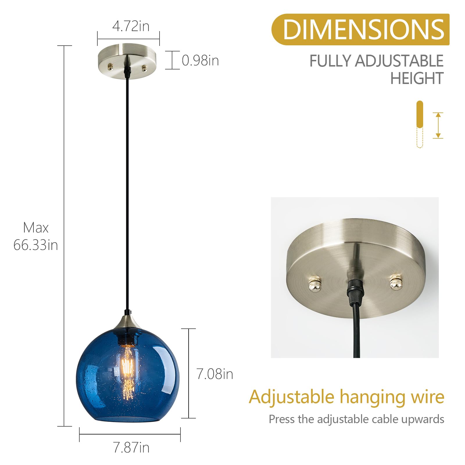 Modern Blue Glass Pendant Lights - 3-Pack Globe Pendant Light Fixtures for Kitchen Island, Bedroom, Living & Dining Room (7.87in) | Stylish Ambient Lighting for Home Decor & Restaurant Settings