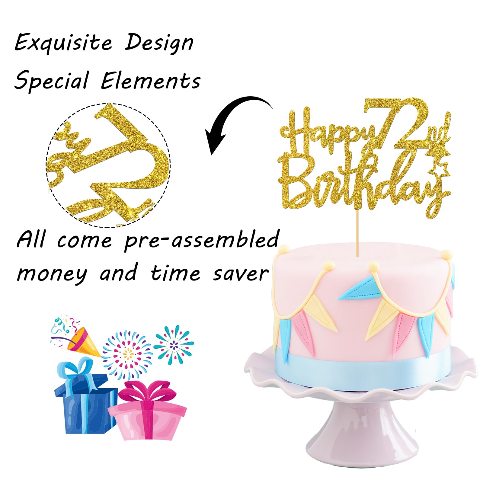 72nd Birthday Cake Topper - Gold Glitter 72 Sign for Birthday Cakes - Cheers to 72 Years Party Decorations - Perfect for Milestone Birthday Celebrations, Retirement Parties & Anniversary Events
