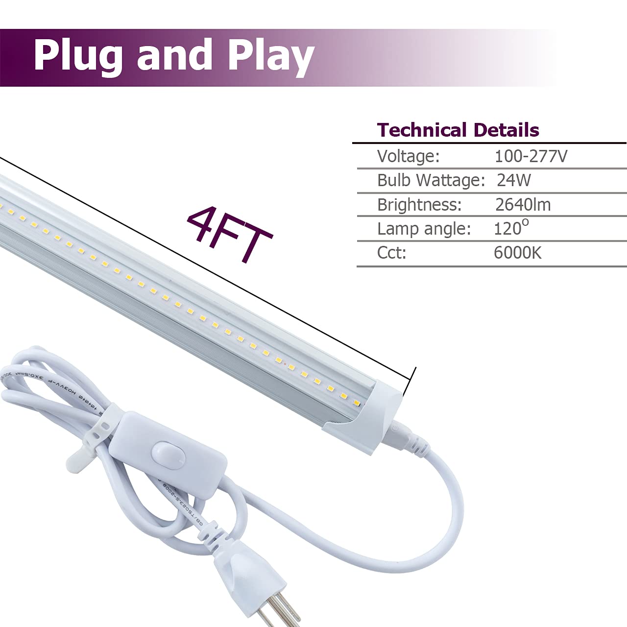 6 Pack 4FT LED Shop Lights, 24W 6500K Cool White Linkable T8 LED Tube Lights with Clear Cover & Plug Cable - High Output Garage Ceiling Lighting for Workshop, Basement, Warehouse & Industrial Spaces