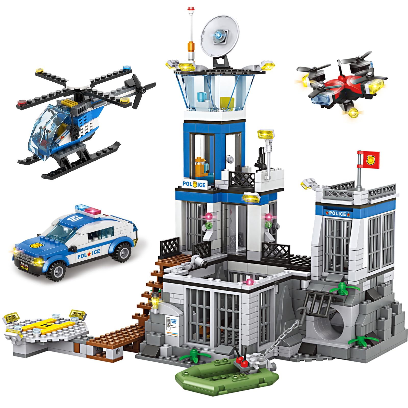 City Police Prison Island Building Blocks Set - 946PCS Police Station Toy Kit with Police Car, Drone, Helicopter & Boats | STEM Educational Gift for Kids Boys Girls Ages 6+ | Creative Play for Role-Playing & Storytelling Scenes