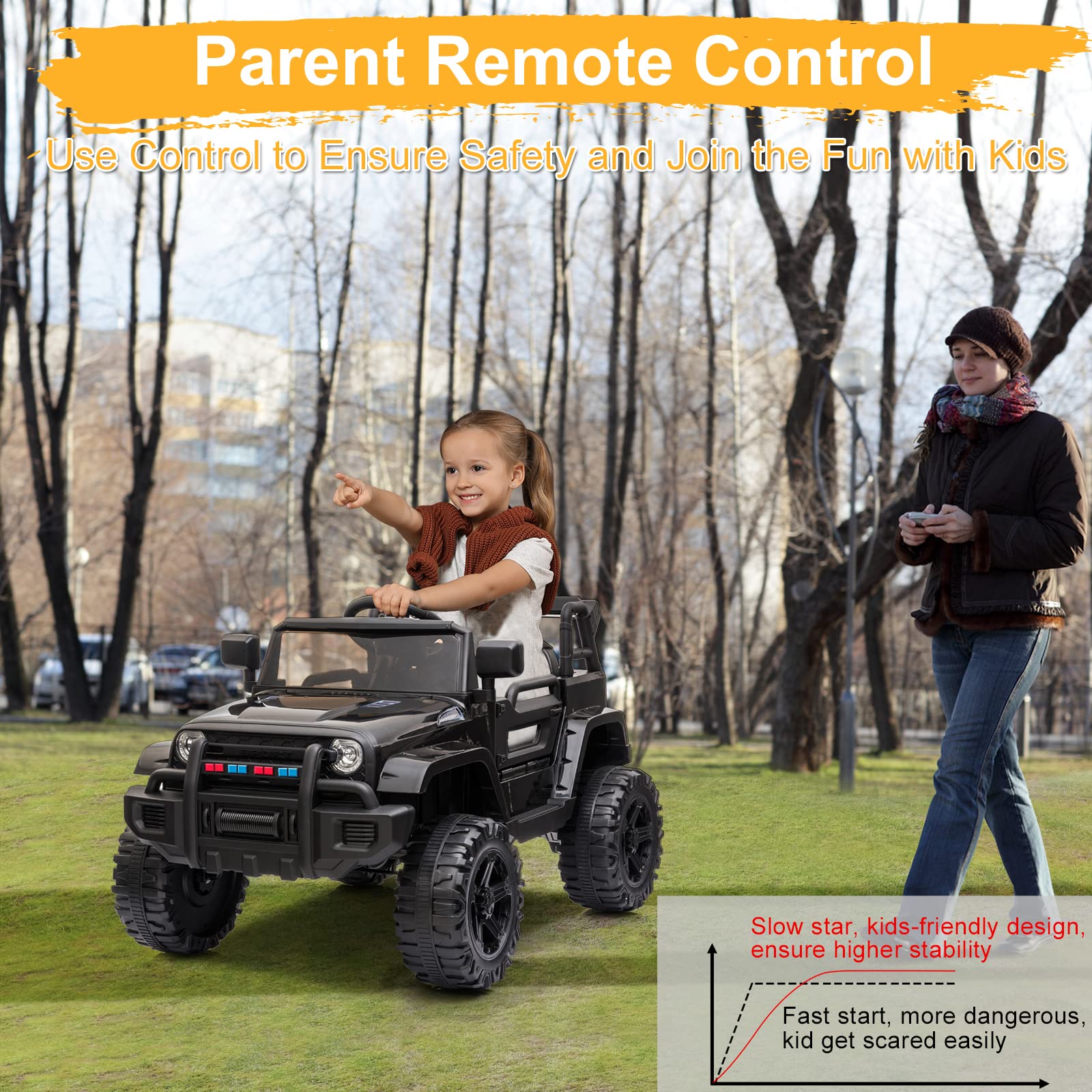 **12V Kids Electric Ride-On Truck with 2.4G Remote Control - 3 Speeds, Spring Suspension, LED Lights, Horn & Music Player - Motorized Toy Car for Ages 3-5 - Perfect for Indoor & Outdoor Play (Black)**