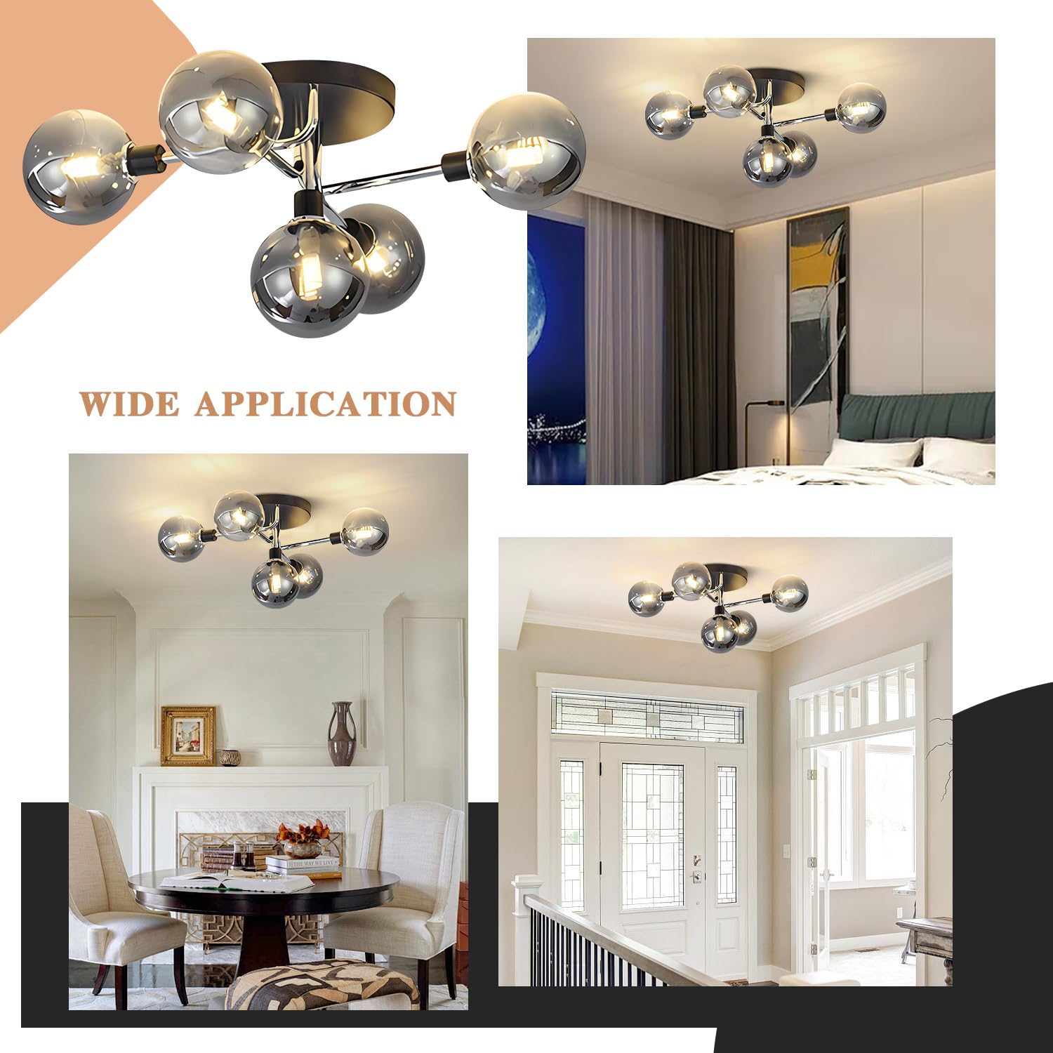 BOKT 5-Light Sputnik Chandelier Semi-Flush Mount Ceiling Light Fixture with Smoked Glass Globes - Modern Pendant Lighting for Kitchen, Dining Room, Living Room & Bedroom (Silver Finish, Bulbs Included) | Perfect for Mid-Century Modern Homes and Contemporary Spaces