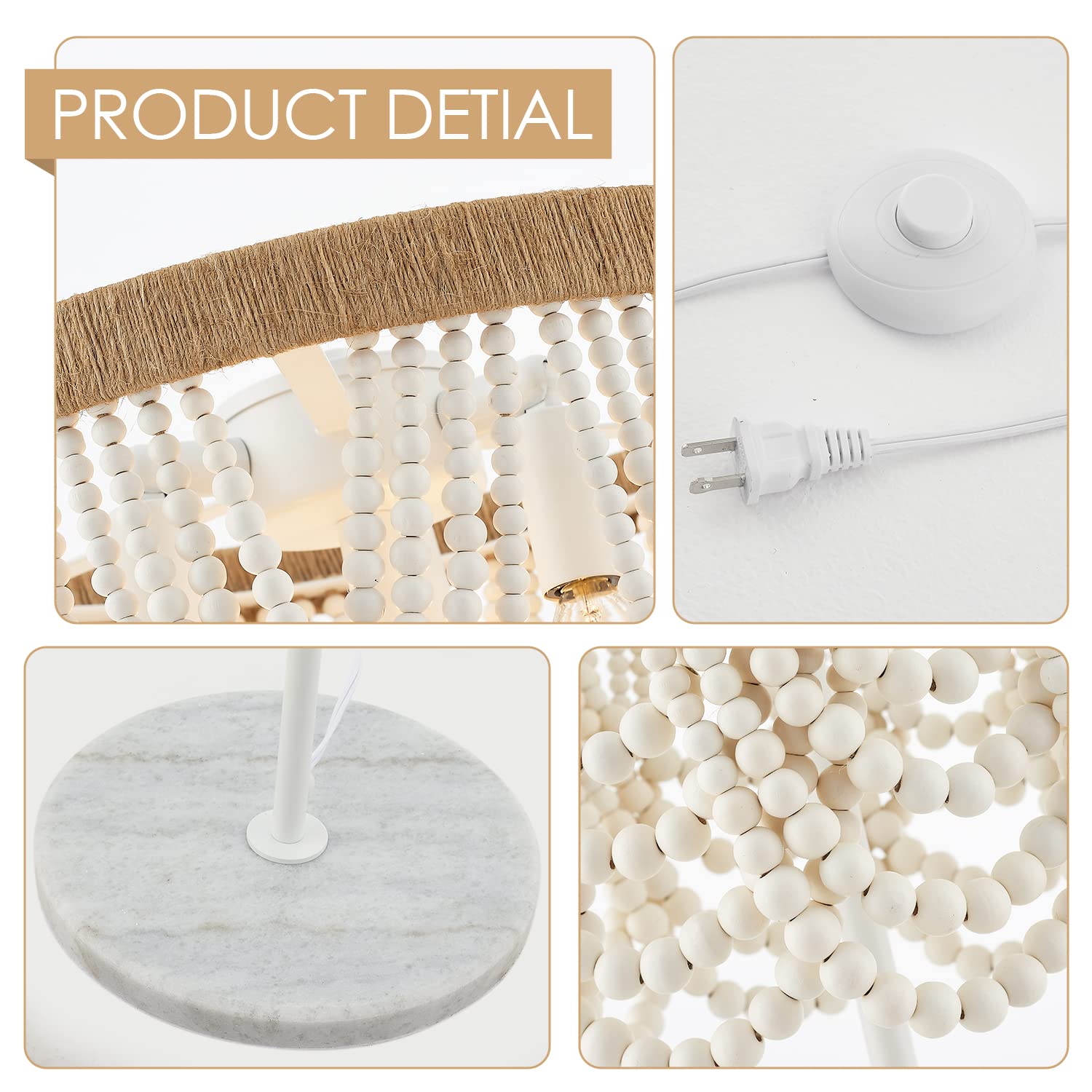 VILUXY Bohemian Wood Beaded Floor Lamp - Antique Rustic White Finish 3-Light Chandelier for Bedroom, Nursery, Dining Room & Girls Room | Perfect for Boho Home Decor, Farmhouse Living Room & Cozy Reading Nook