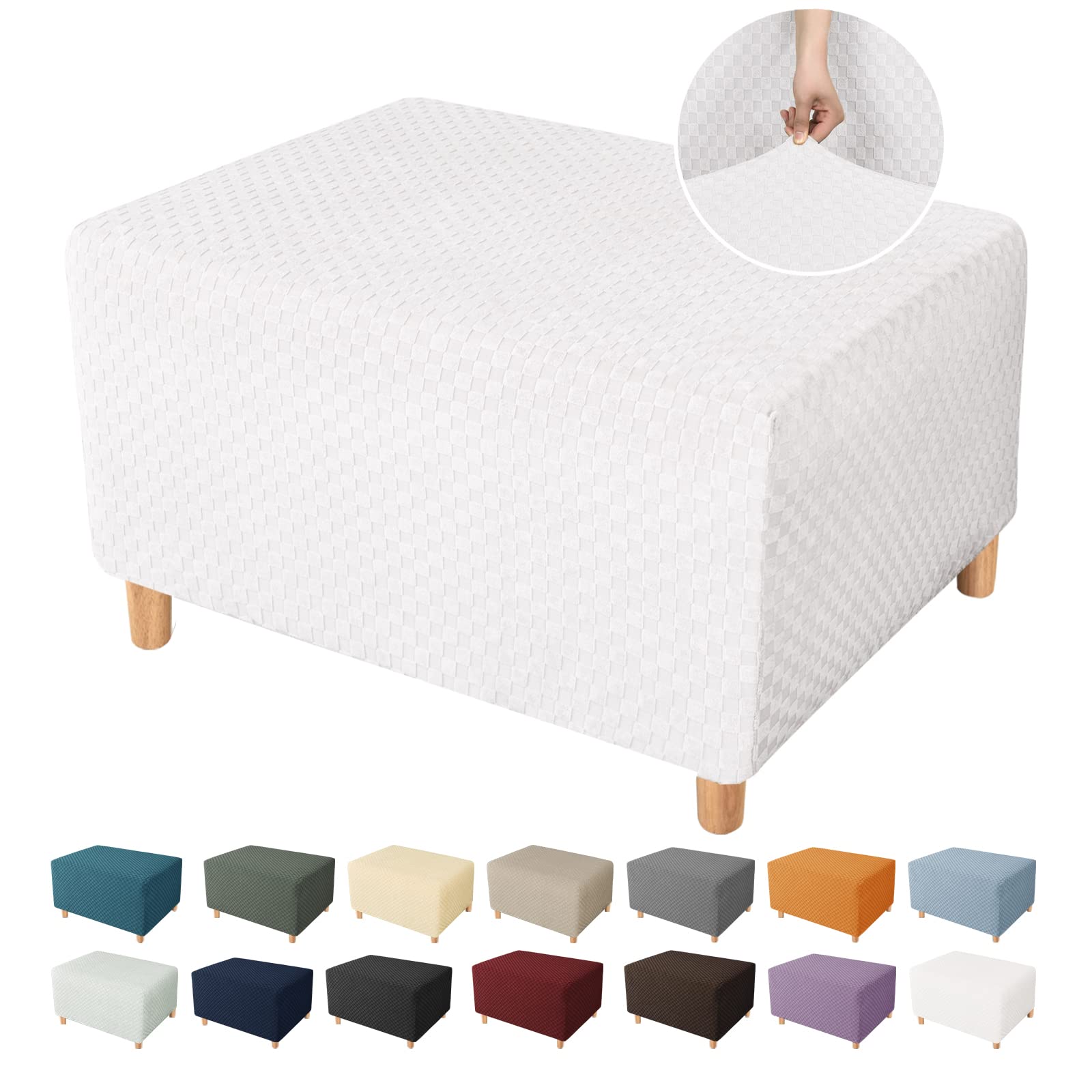 YEMYHOM Jacquard Ottoman Cover - High Stretch Removable Slipcover for Small Rectangular Footstool (White) | Foldable Storage Solution for Living Room, Bedroom & Nursery