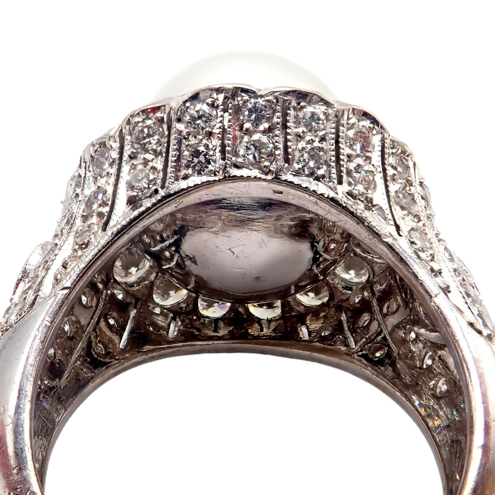 Vintage 18k White Gold Diamond & 12.5mm Pearl Cocktail Ring for Women - Elegant Bridal, Anniversary, or Evening Party Jewelry Gift