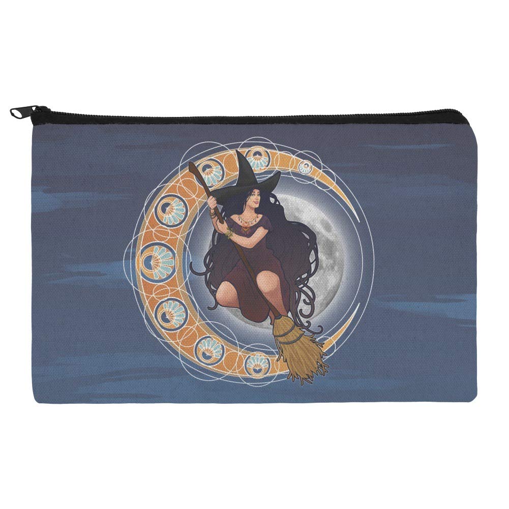 Art Nouveau Style Witch on Broom Over Moon Cosmetic Bag - Vintage Makeup Pouch Organizer for Travel, Gym & Daily Essentials Storage