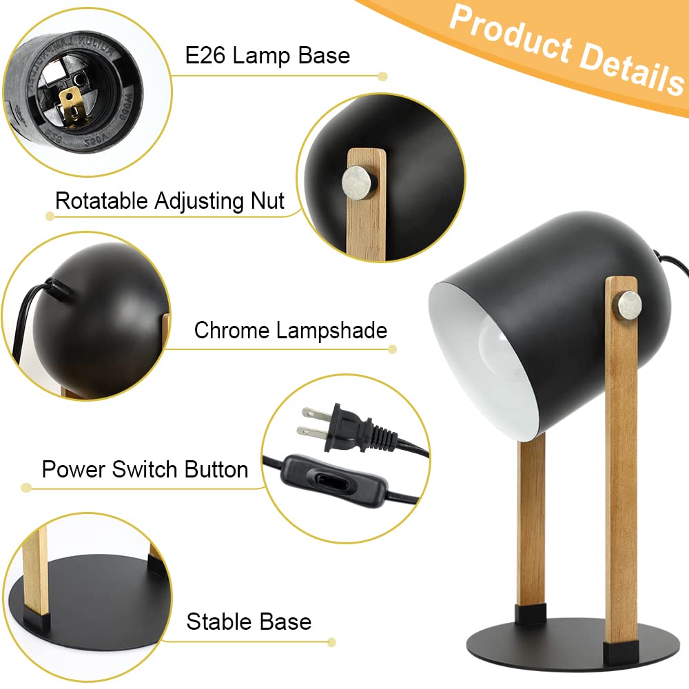 Depuley Modern Table Lamp - 360° Rotatable Retro Desk Lamp with Wood & Metal, Eye Protection LED Reading Lamp for Bedroom, Kids Room, Plant Care, Study & Office Use