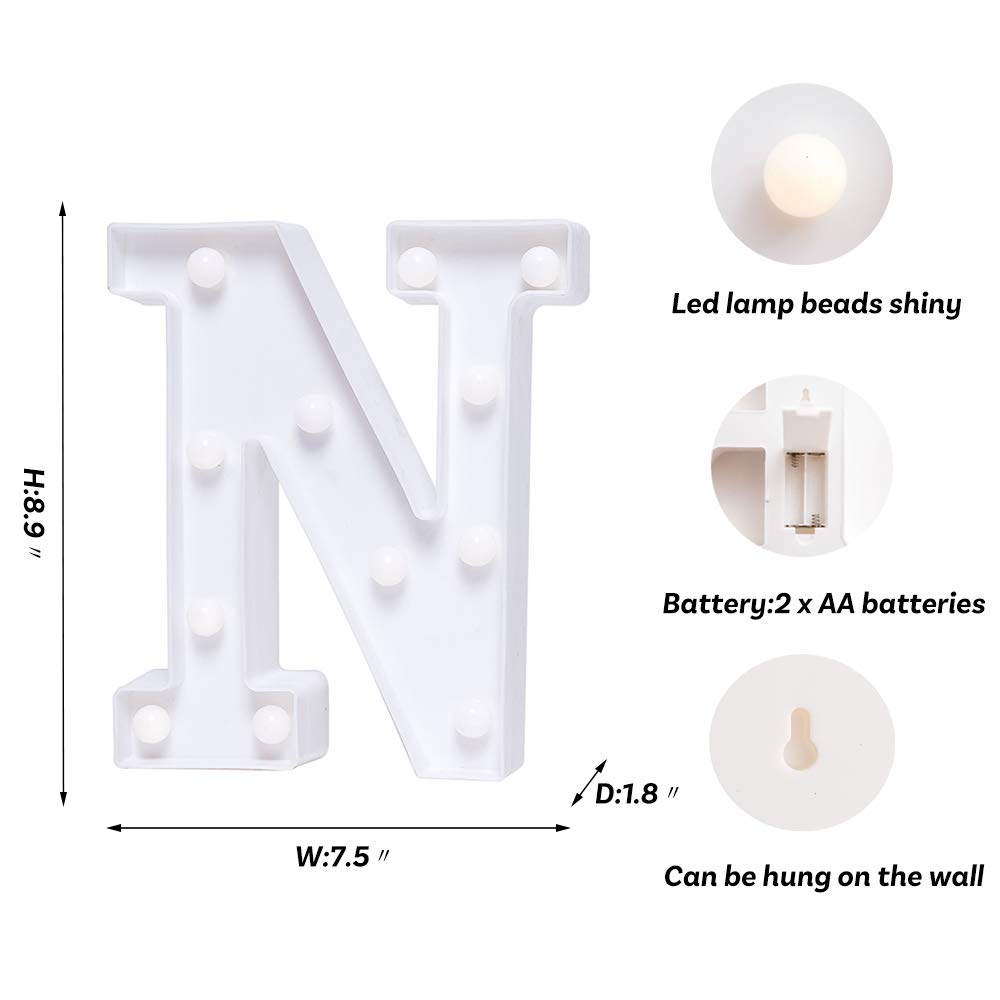 LED Letter Lights - Battery Powered Light Up Sign Letters for Night Light, Wedding, Birthday Party, Christmas Decor - Home Bar & Room Decoration (Letter N)