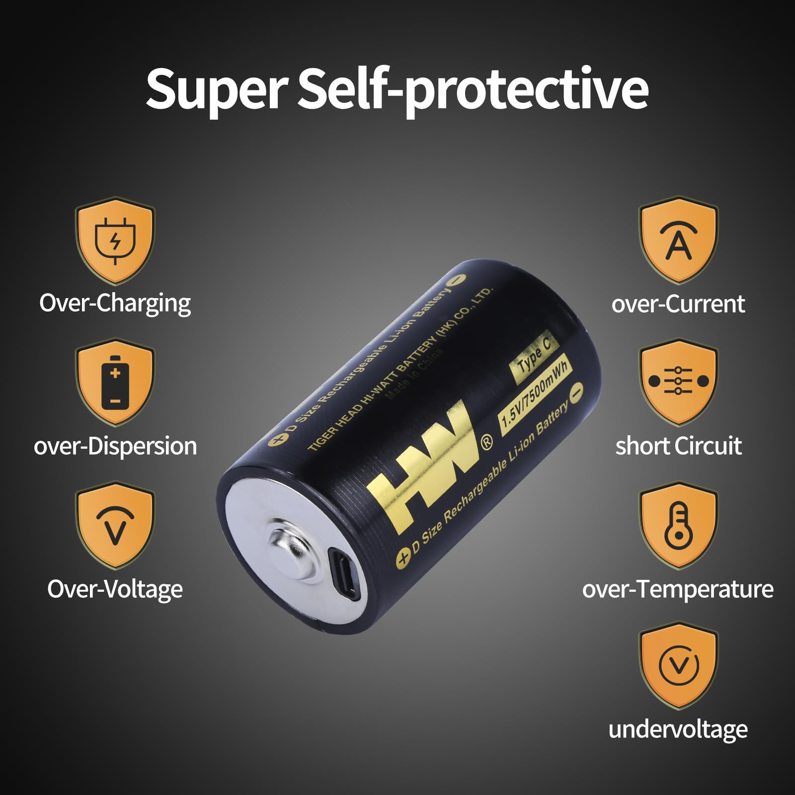 HW Rechargeable D Batteries 4 Pack - 7500mWh Long-Lasting Lithium D Cell Batteries with USB-C Fast Charger (4-in-1 Cable) | 1000+ Charge Cycles | Perfect for Flashlights, Camping Lights, Emergency Kits & Outdoor Gear