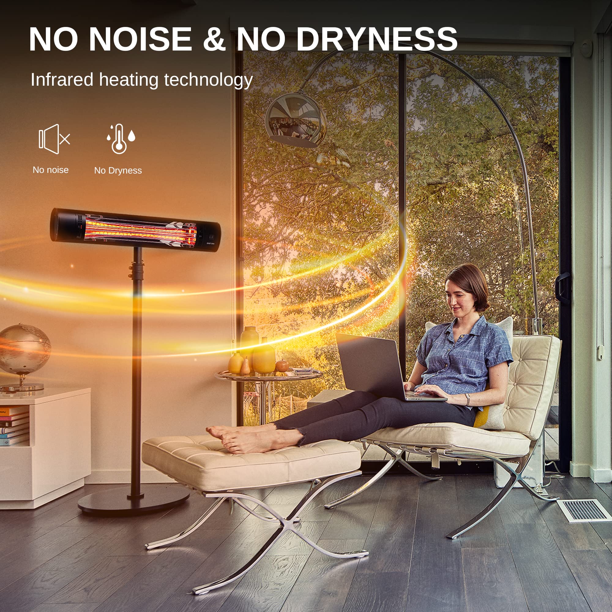EAST OAK 1500W Indoor Outdoor Electric Patio Heater - Wall Mount & Standing Infrared Heater with IP65 Waterproof, Overheat Protection, Tip-Over Safety, 3 Heat Settings & 24H Timer - Perfect for Patio, Deck, Garage & Winter Outdoor Heating