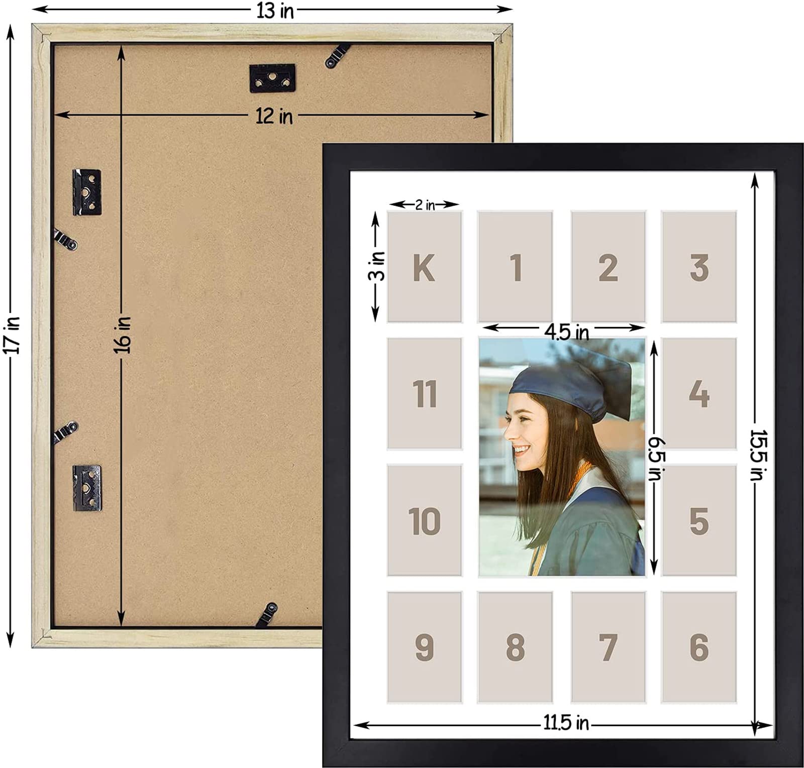 Golden State Art 12x16 Black Wood Picture Frame with 13 Opening White Mat - Holds One 5x7 Photo and Twelve 2.5x3.5 Pictures - Collage Photo Frame with Real Glass - Perfect for Displaying Trading Cards, Family Photos, and Artwork - 2 Pack Wall Decor for Living Room, Bedroom, or Office