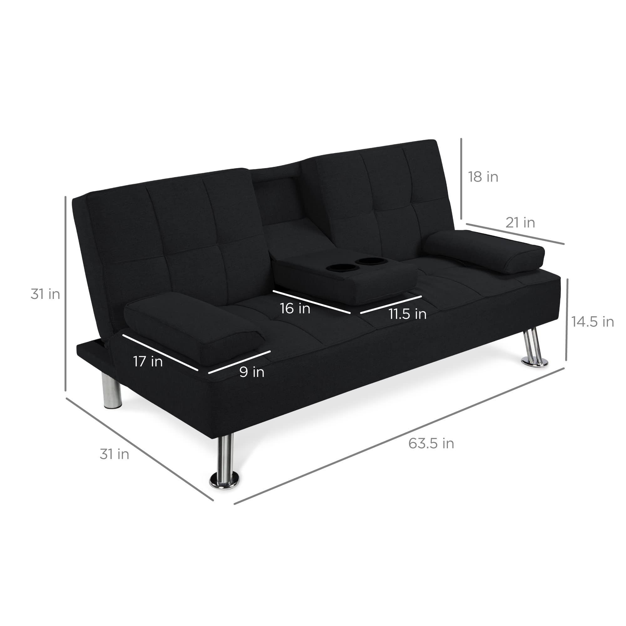 Best Choice Products Modern Folding Futon Sofa Bed - Convertible Linen Recliner for Small Spaces, Apartments & Dorms with Removable Armrests & 2 Cup Holders - Black | Space-Saving Sleeper Solution for Living Rooms, Guest Rooms & Studio Apartments