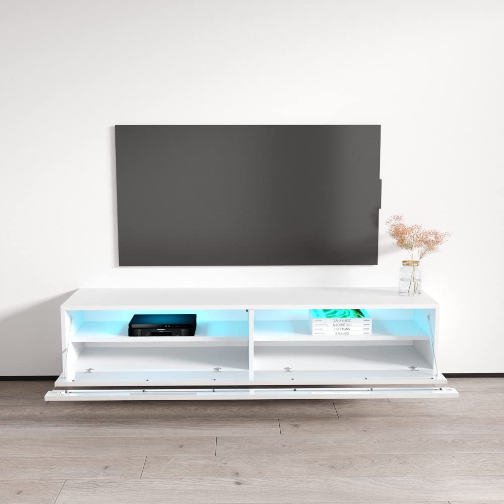 Modern Floating TV Stand with Storage & LED Lights - High Gloss White Rectangular Media Console for TVs Up to 70