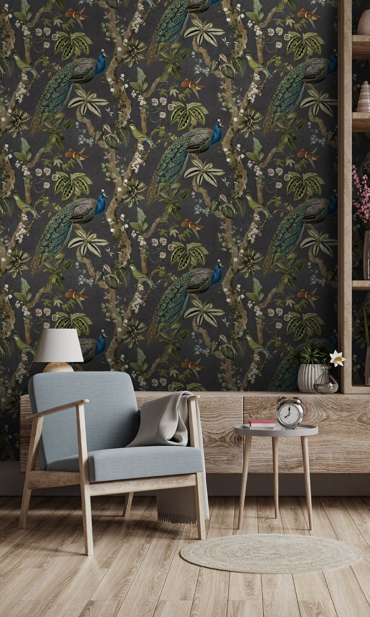 Charcoal Climbing Peacock & Tropical Floral Wallpaper R8988 - Premium Peel and Stick Wall Mural for Bedroom, Living Room, Nursery Decor