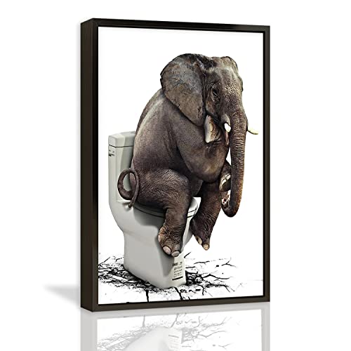 Funny Elephant on Toilet Canvas Wall Art - 20x30 Inch Black Framed Abstract Animal Painting for Home Decor, Bedroom & Office - Perfect for Bathroom Humor & Unique Gift Ideas - Ready to Hang Aluminum Frame