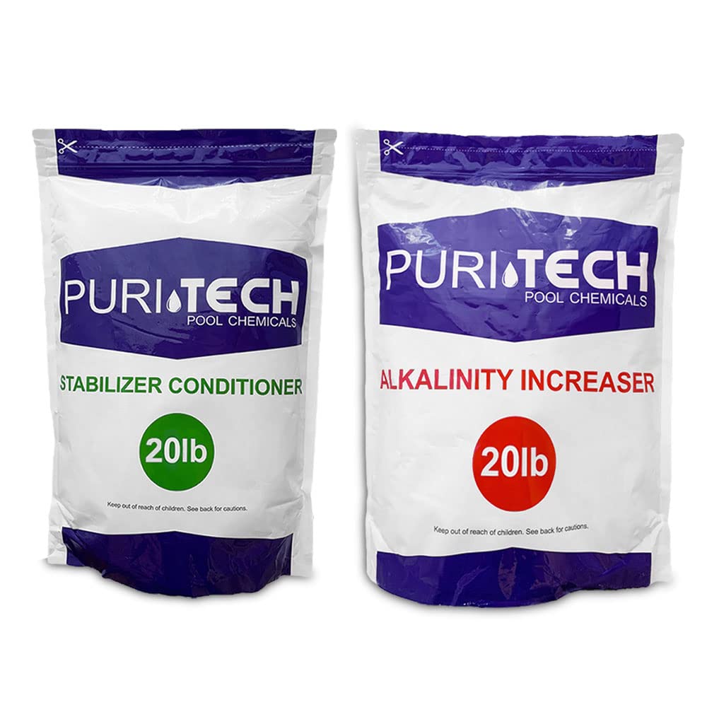 Puri Tech Chemicals 20 lb Alkalinity Increaser & 20 lb Stabilizer Conditioner Kit for Swimming Pools & Spas – Balance pH Levels, Clean Water & Protect Surfaces – Ideal for Pool Maintenance & Water Treatment
