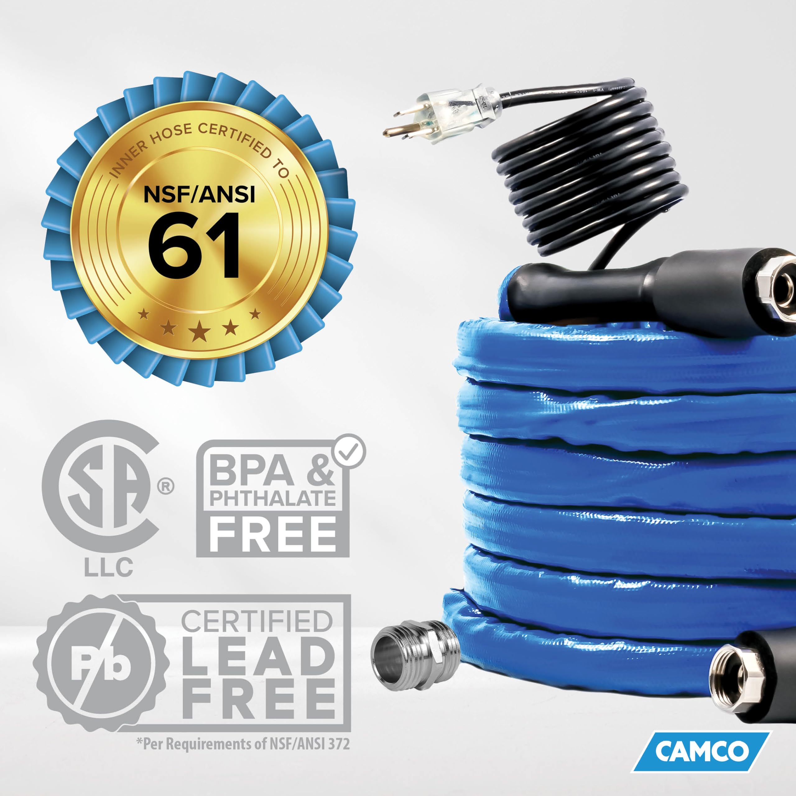 Camco 25-Foot Heated Drinking Water Hose with Freeze Protection Down to -40°F/C | Energy-Saving Thermostat | Includes Dual-End Adapters | Perfect for RV, Camping & Winter Outdoor Water Supply