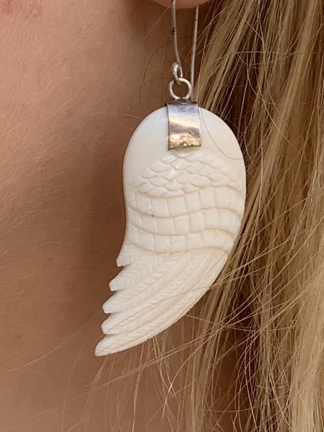 Hand Carved White Angel Wing Horn Earrings - Unique Gothic Jewelry for Women, Perfect for Halloween, Cosplay, and Fantasy Costume Accessories