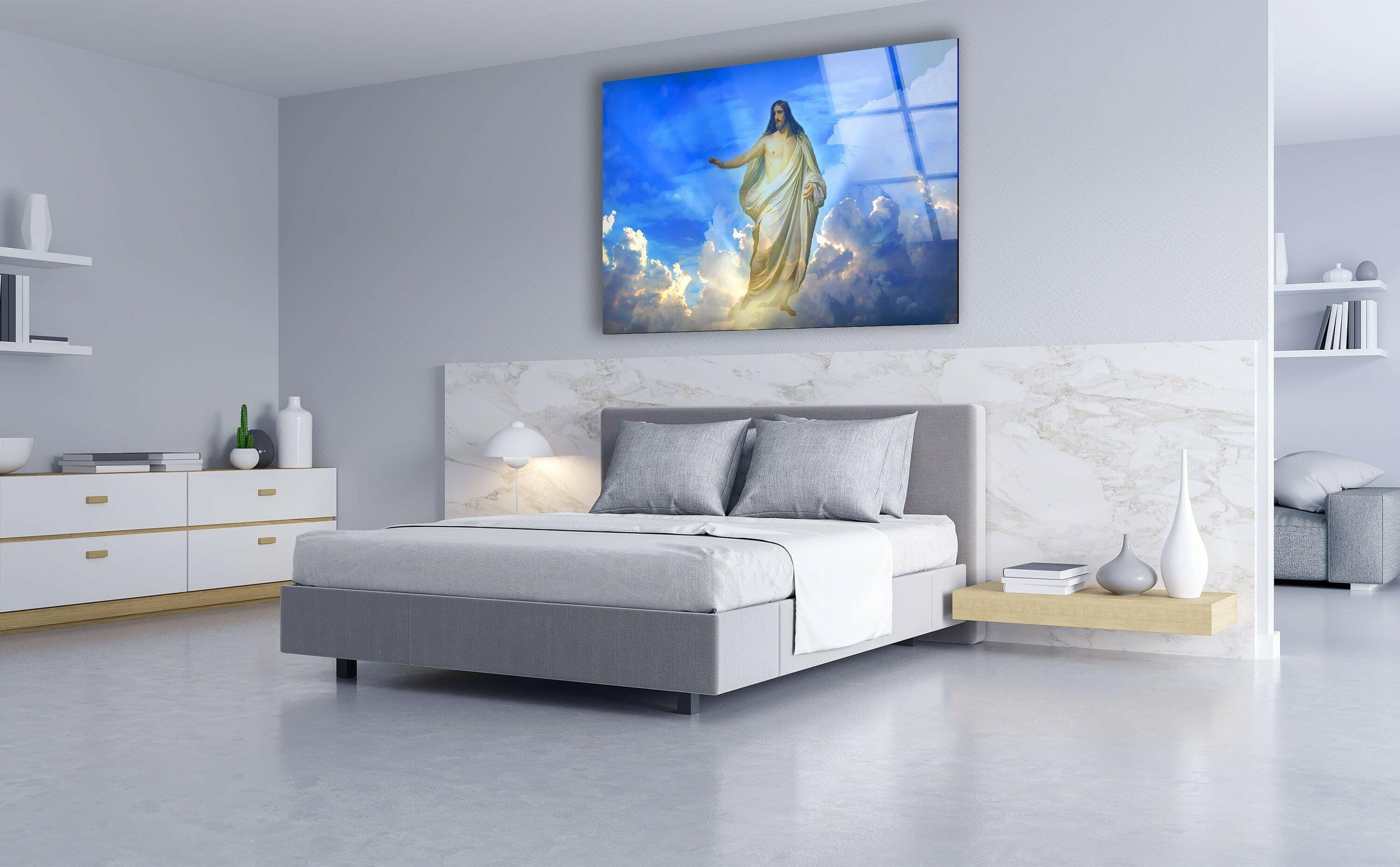 Blue Christian Jesus Cross Glass Wall Art - Handmade Religious Home Decor for Church, Bedroom & Office - Perfect Gift for Faithful Believers
