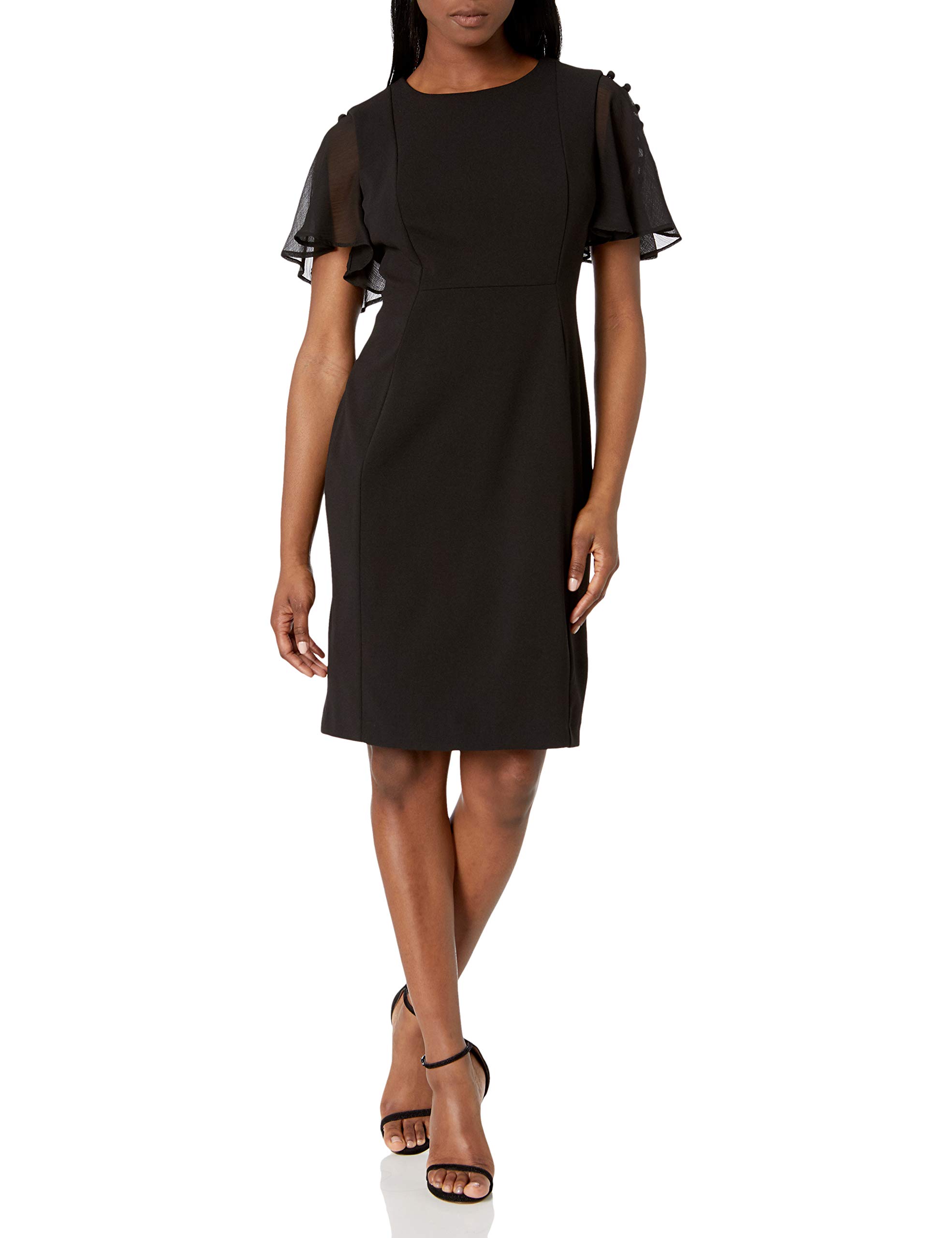 Calvin Klein Women's Petite Button-Down Chiffon Flutter Sleeve Sheath Dress - Elegant Office Wear & Cocktail Party Outfit