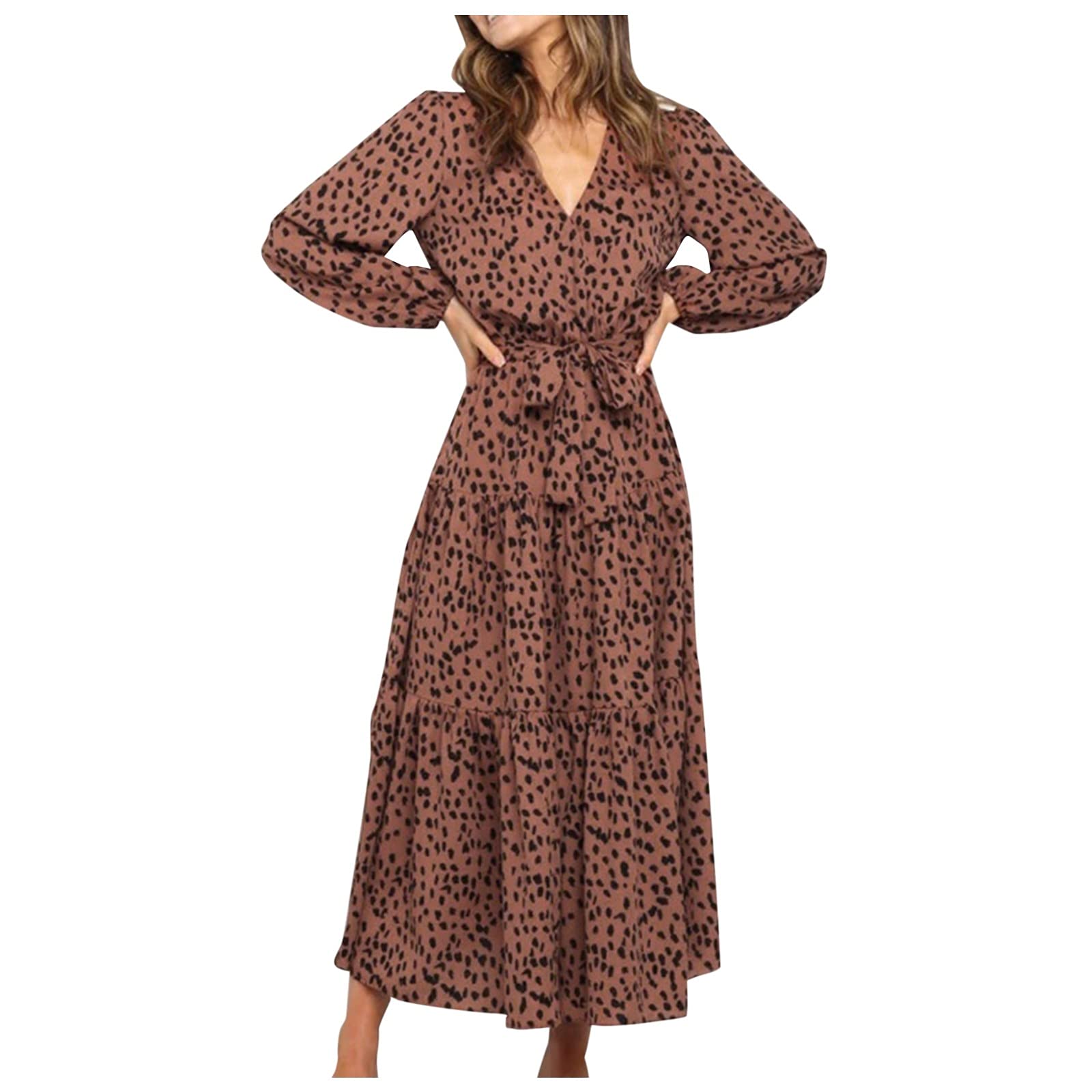 Vintage Women's Long Sleeve Wrap Maxi Dress with Belt - Flowy Tiered Midi Dress with Side Slit for Autumn | Perfect for Fall Weddings, Date Nights & Office Wear