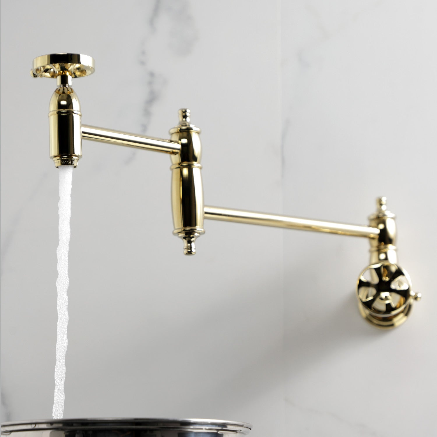 Belknap KS3102RX Two Handle Wall Mount Pot Filler Faucet - Polished Brass Finish - Ideal for Kitchen Sink, Stove & Cooking Area
